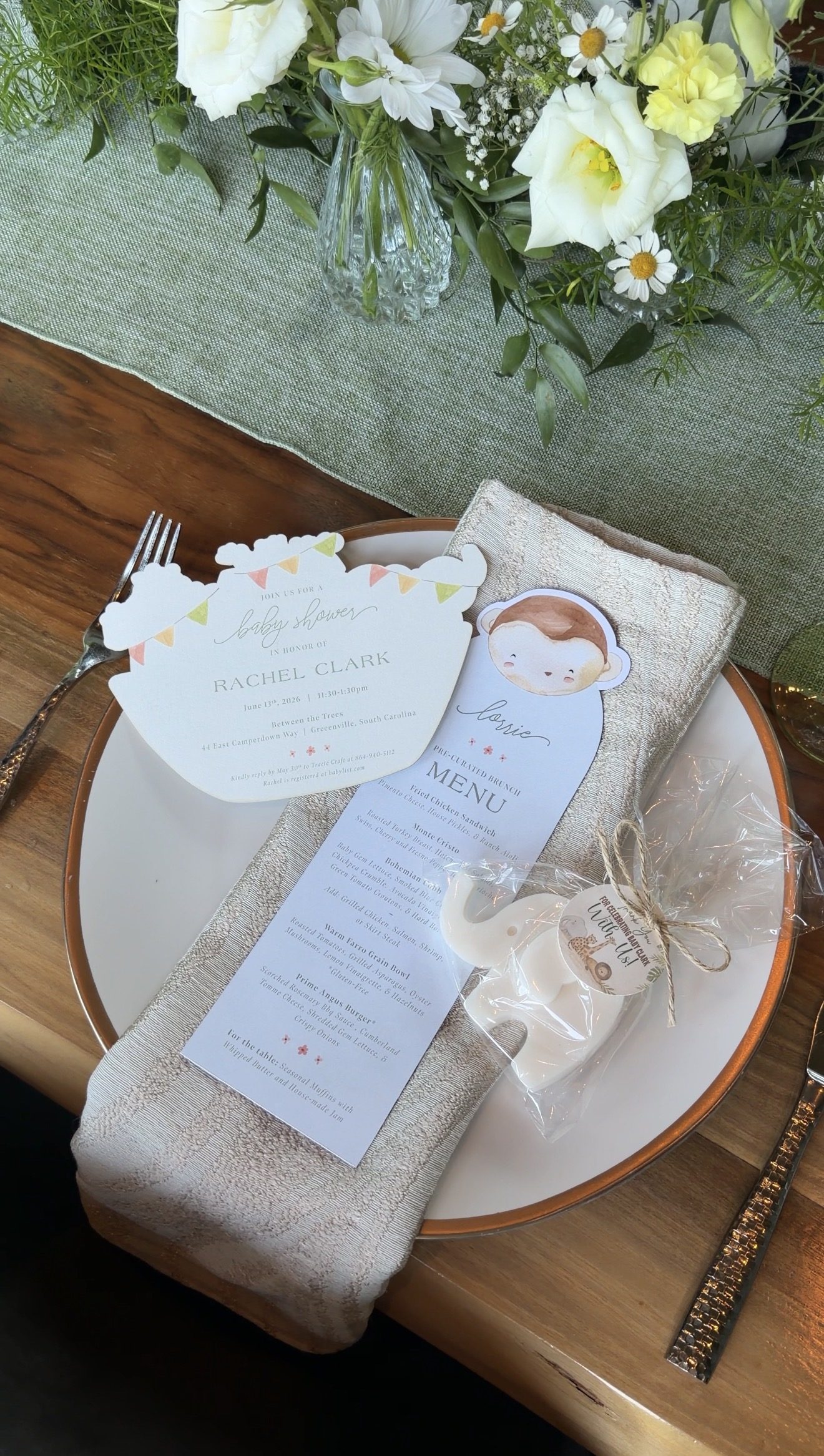 Styled baby shower place setting designed by Chloe & Co. Signature Events